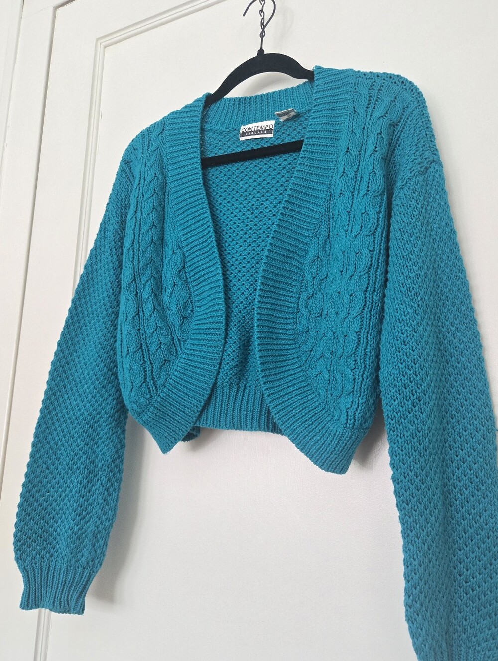 VINTAGE 90s Contempo Casuals Cable Knit Cropped Bolero Shrug Sweater Teal